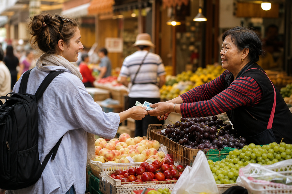 Numerar RMB pentru turiști care plătesc în China într-o piață locală