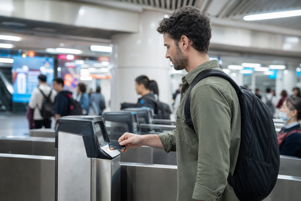 Turist folosește card bancar la metroul din Beijing, China